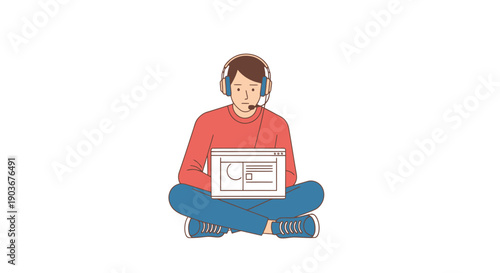 Young man wearing headphones looking at laptop screen while sitting cross legged showing web design concept remote work or online learning activity