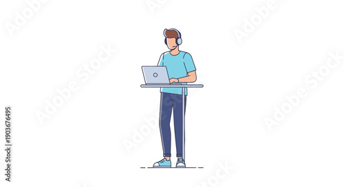 Young man wearing headphones works on a laptop computer while standing at a tall desk in a modern office environment focused on productivity and