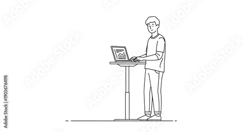 Young man working on a laptop at an adjustable standing desk promoting healthy office ergonomics and modern remote work lifestyle