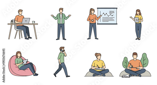 Diverse group of people in modern casual attire engaged in various work and leisure activities representing remote collaboration and modern profession