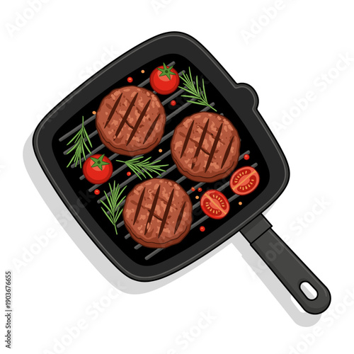 grill pan with three juicy grilled beef patties with tomatoes, delicious meat illustration