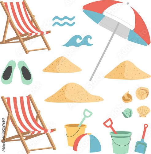 Summer beach vacation asset set with deck chairs umbrellas sand buckets flip flops and seashells for tropical compositions