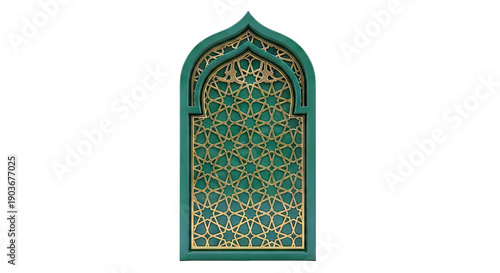 Islamic Geometric Arch Window with Green and Gold Tiling