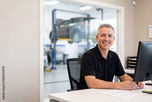 Auto Shop Manager Sitting at Desk with Computer and Smiling 