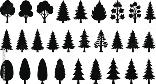 WebVector illustration of diverse tree silhouettes arranged in grid formation, natural forest design 