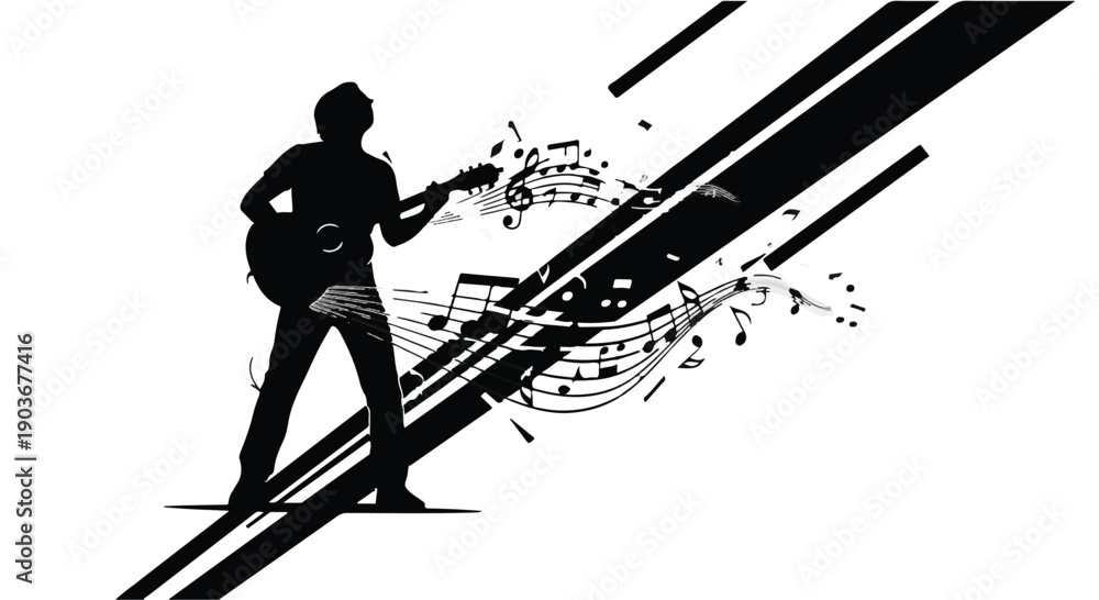 Fototapeta premium Guitarist silhouette performs music surrounded by abstract flowing note symbols.