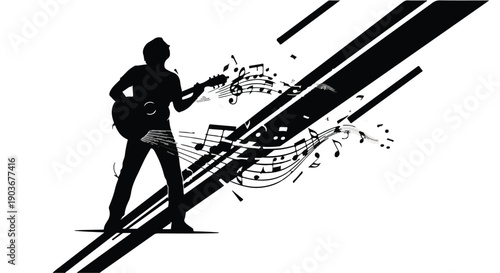 Guitarist silhouette performs music surrounded by abstract flowing note symbols.