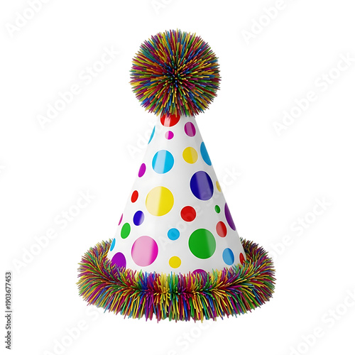 Vibrant party hat with colorful polka dots and tinsel trim for celebrations