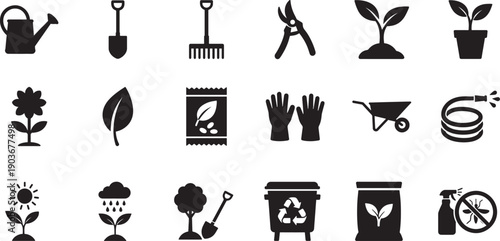 Gardening icon set with plants, tools, and garden elements for nature, landscaping, and web UI design