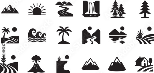 Landscape web icons set with nature, scenery, mountains, trees, and outdoor symbols for UI design