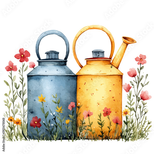 Watering Can Flower Pots, watercolor vector, isolated on a white background.