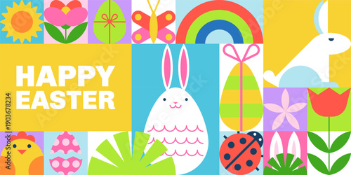 Happy Easter banner, poster, greeting card. Geometric background with colorful eggs, bunny. Holiday vector illustration
