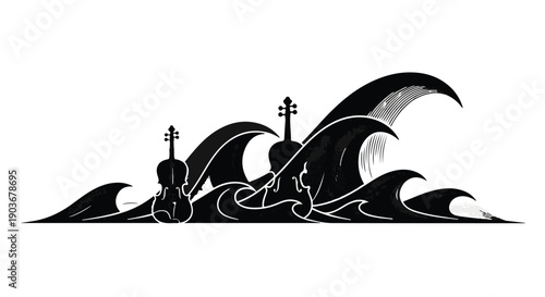 Violins emerging from ocean waves symbolize the harmony of music and nature.