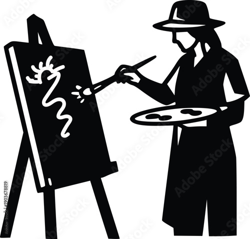 Artist Painting on Canvas Silhouette, Creative Painter Art Process Black White Vector Illustration