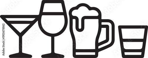 Alcoholic beverages glasses, from classic cocktails to craft beer, shots of strongest liquors and chill whiskey.one line icon with with white background