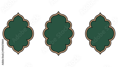 Quadro su tela Three dark green decorative shapes with golden borders arranged in a row