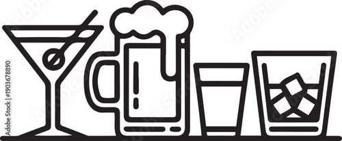 Alcoholic beverages glasses, from classic cocktails to craft beer, shots of strongest liquors and chill whiskey.one line icon with with white background