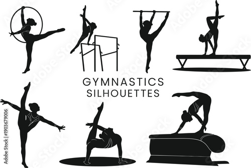 Gymnastics silhouettes of various athletes in action