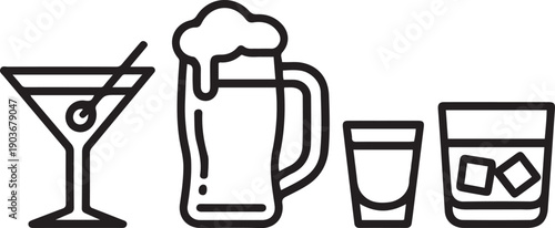Alcoholic beverages glasses, from classic cocktails to craft beer, shots of strongest liquors and chill whiskey.one line icon with with white background