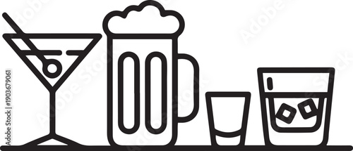 Alcoholic beverages glasses, from classic cocktails to craft beer, shots of strongest liquors and chill whiskey.one line icon with with white background