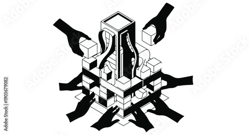 Hands building a complex structure represent the power of collective teamwork.