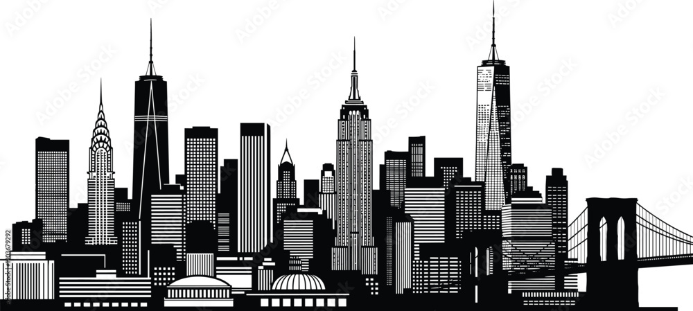Fototapeta premium New York City skyline with Brooklyn Bridge cityscape new york city, skyline, brooklyn bridge, cityscape, buildings, skyscrap, black and white, urban, architecture, iconic, famous, city, landscape, yor