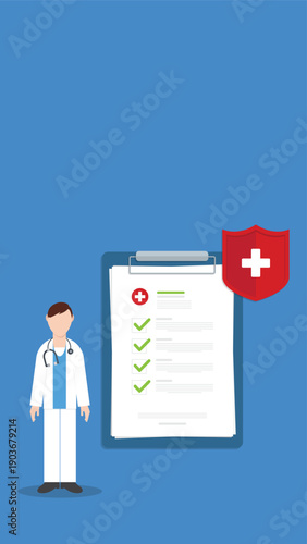 Health insurance. Doctor offering medical insurance policy contract. Medicine and healthcare concept. Vector illustration. 