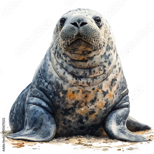 Walrus Close Up, watercolor illustration vector, isolated on a white background.
