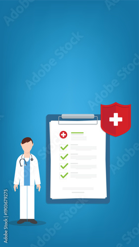 Health insurance. Doctor offering medical insurance policy contract. Medicine and healthcare concept. Vector illustration. 