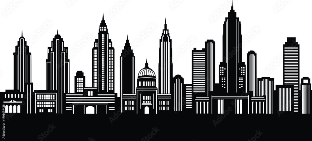 Obraz premium Black and white city skyline with skyscrapers and domed building city, skyline, skyscrapers, buildings, urban, architecture, black, white, silhouette, cityscape, metropolitan, downtown, spires, domed 