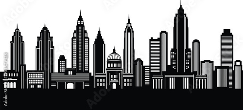 Black and white city skyline with skyscrapers and domed building city, skyline, skyscrapers, buildings, urban, architecture, black, white, silhouette, cityscape, metropolitan, downtown, spires, domed 