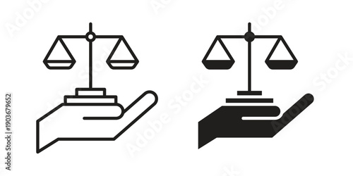 Justice scales in Hand icon vector on trendy design. Outline vector stock illustration.
