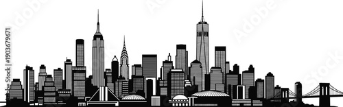 Black and white of New York City skyline Manhattan new york city, nyc, manhattan, city skyline, black and white, urban landscape, skyscrapers, buildings, architecture, cityscape, silhouette, iconic la