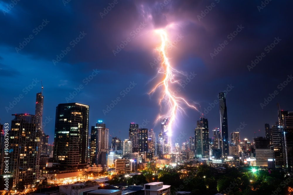 Fototapeta premium Striking Lightning Over Skyscrapers in a City at Night