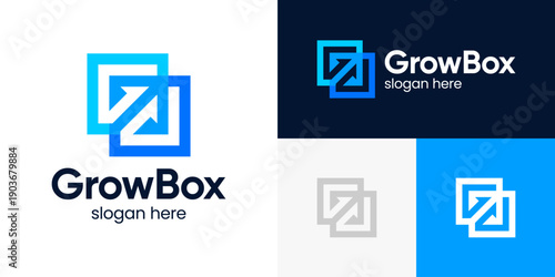 Modern growth logo design template. Colorful arrow abstract shapes logo design with box graphic vector illustration. Symbol, icon, creative