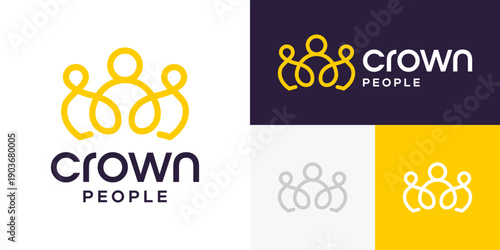 Simple community logo design template. People shapes logo design with crown minimalist vector illustration. Symbol, icon, creative.