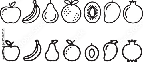 Fresh fruits collection including apple, banana, pear, orange, kiwi, mango, and pomegranate.one line icon with with white background