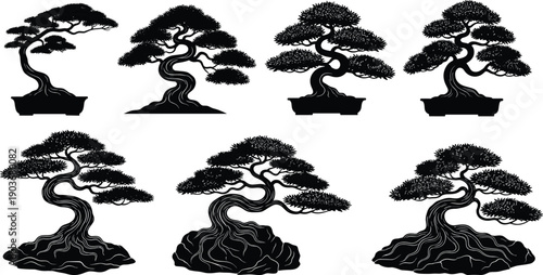 WebVector illustration of diverse tree silhouettes in artistic natural styles, showcasing coniferous and deciduous species, botanical foliage design concept for forest, landscape, environment, 