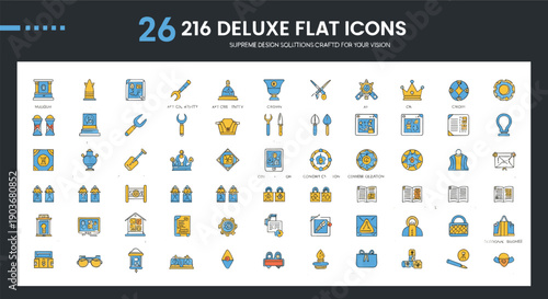 Deluxe flat icons set featuring achievement awards, security symbols, education tools, general interface elements, and versatile modern graphic design icons