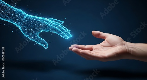 Digital 3D model of a hand reaching out to a human hand, symbolizing connection and technology