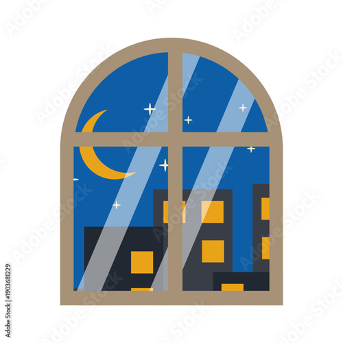 Isolated illustration of a window with a picture of a city building, a crescent moon and stars scattered outside at night for a nighttime icon.