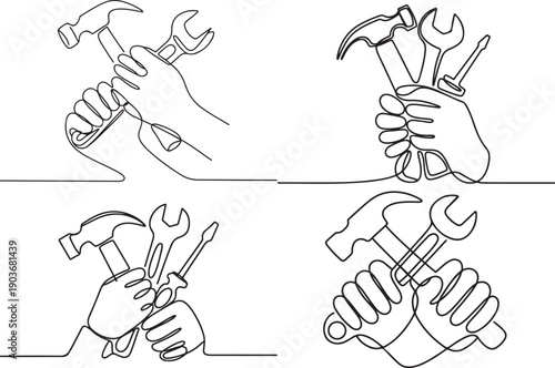 Set continuous one line drawing of hands holding working tools.one line icon with with white background