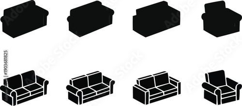 Presents a grid layout of icons, focusing specifically on sofas and armchairs, organized in two rows. Here is a detailed breakdown of the elements.