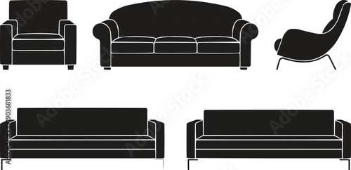 features a collection of five pieces of black silhouette furniture, showcasing various seating options in a minimalist style