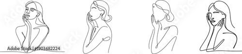 Set of Minimal line art woman with hand on face.one line icon illustration with white background