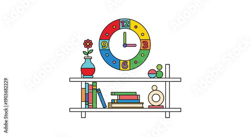 Colorful Wall Shelf with Books Clock Plant and Decorative Objects Flat Vector Illustration for Home Interior and Study Room Decor
