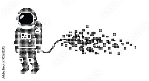 Astronaut pixel art shows a space explorer disintegrating into small squares.