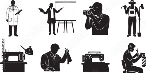 Black and white silhouettes of people in various professions doctor teacher photographer farmer tailor