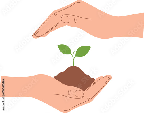 Hand holding plant icon, hands holding growing seedling sequence vector, hands protecting young plant, eco care flat vector illustration
