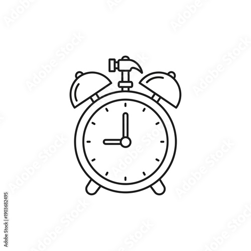 Alarm clock with hammer on top, breaking time concept, line art illustration